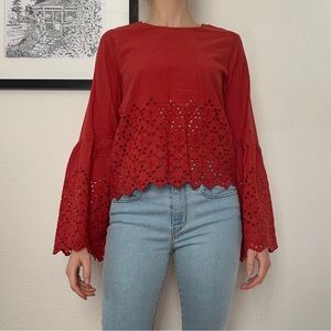 Rust colored Bell Sleeve Eyelet Blouse